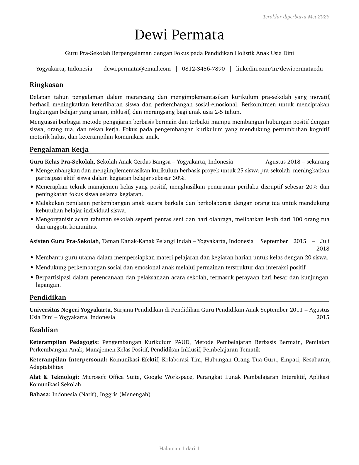 Preschool Teachers, Except Special Education CV in Indonesian — page 1