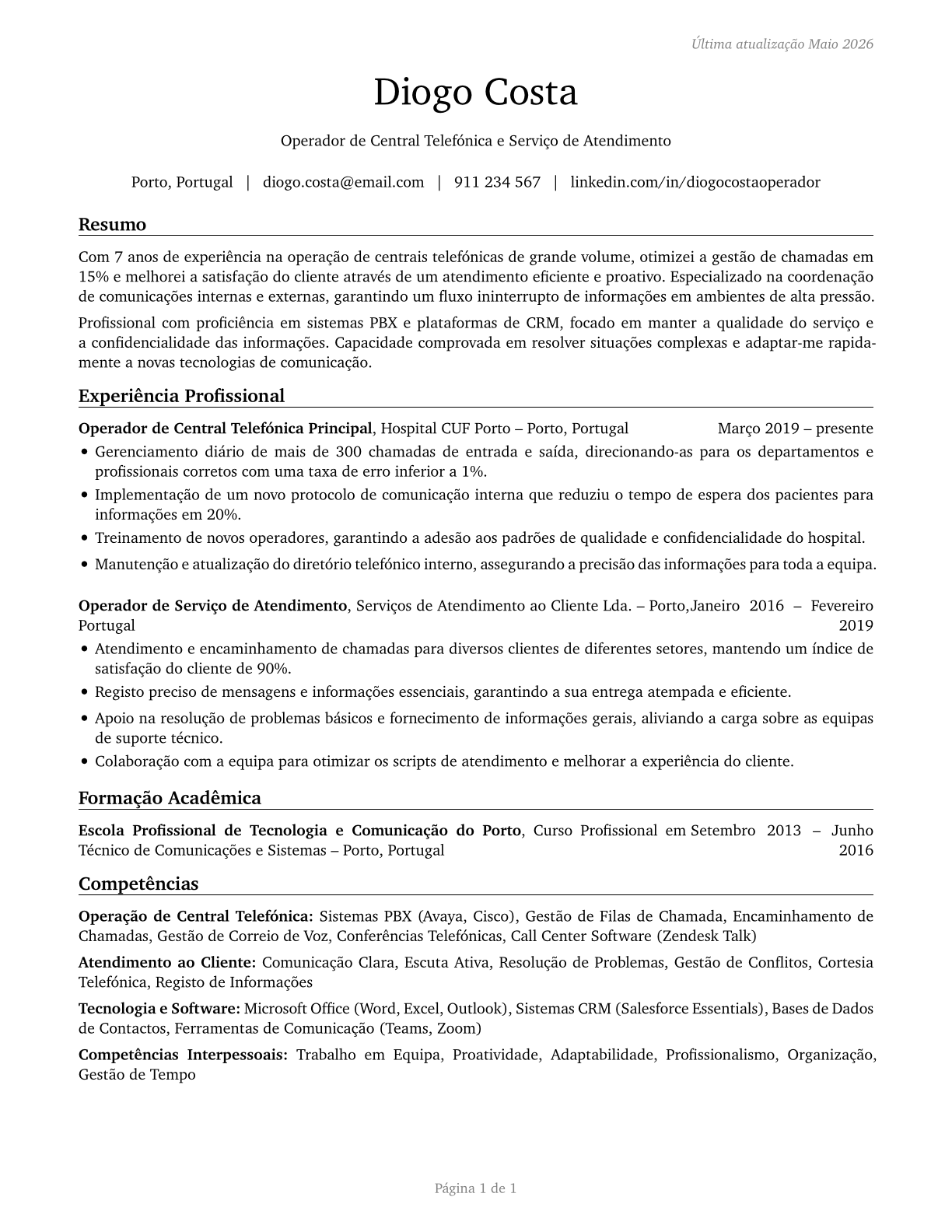 Switchboard Operators, Including Answering Service CV in Portuguese — page 1