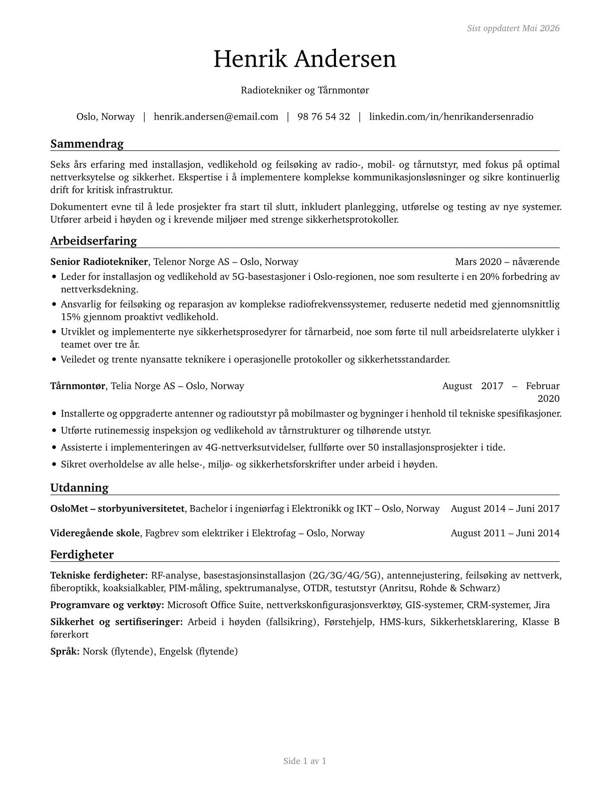 Radio, Cellular, and Tower Equipment Installers and Repairers CV in Norwegian_bokmal — page 1