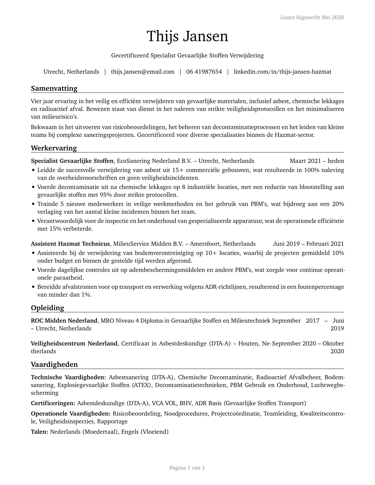 Hazardous Materials Removal Workers CV in Dutch — page 1