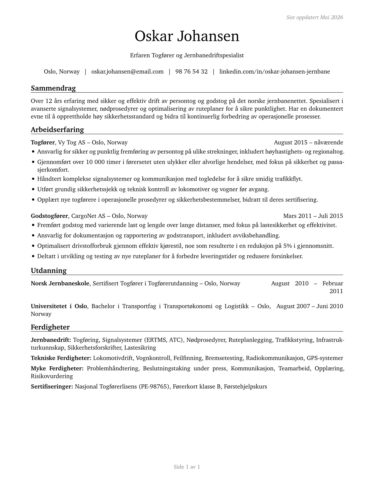 Rail Transportation Workers, All Other CV in Norwegian_bokmal — page 1
