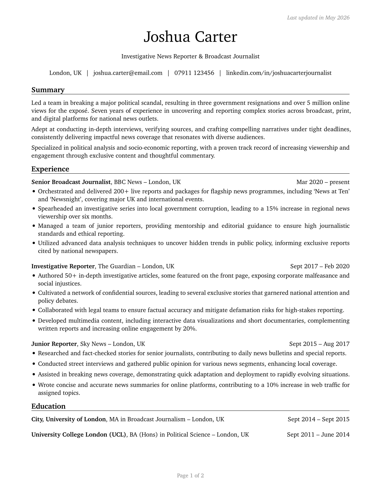 News Analysts, Reporters, and Journalists CV in English — page 1