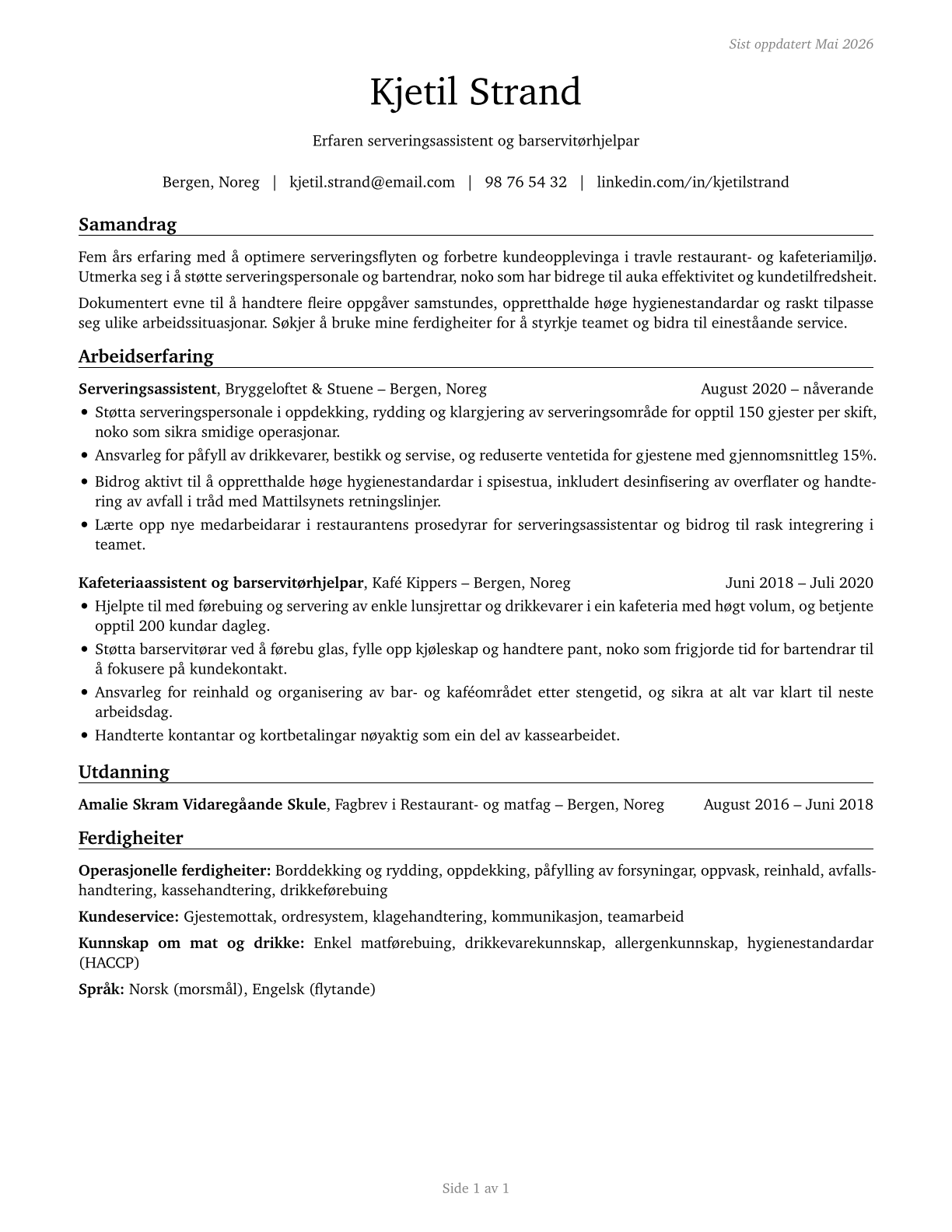 Dining Room and Cafeteria Attendants and Bartender Helpers CV in Norwegian_nynorsk — page 1