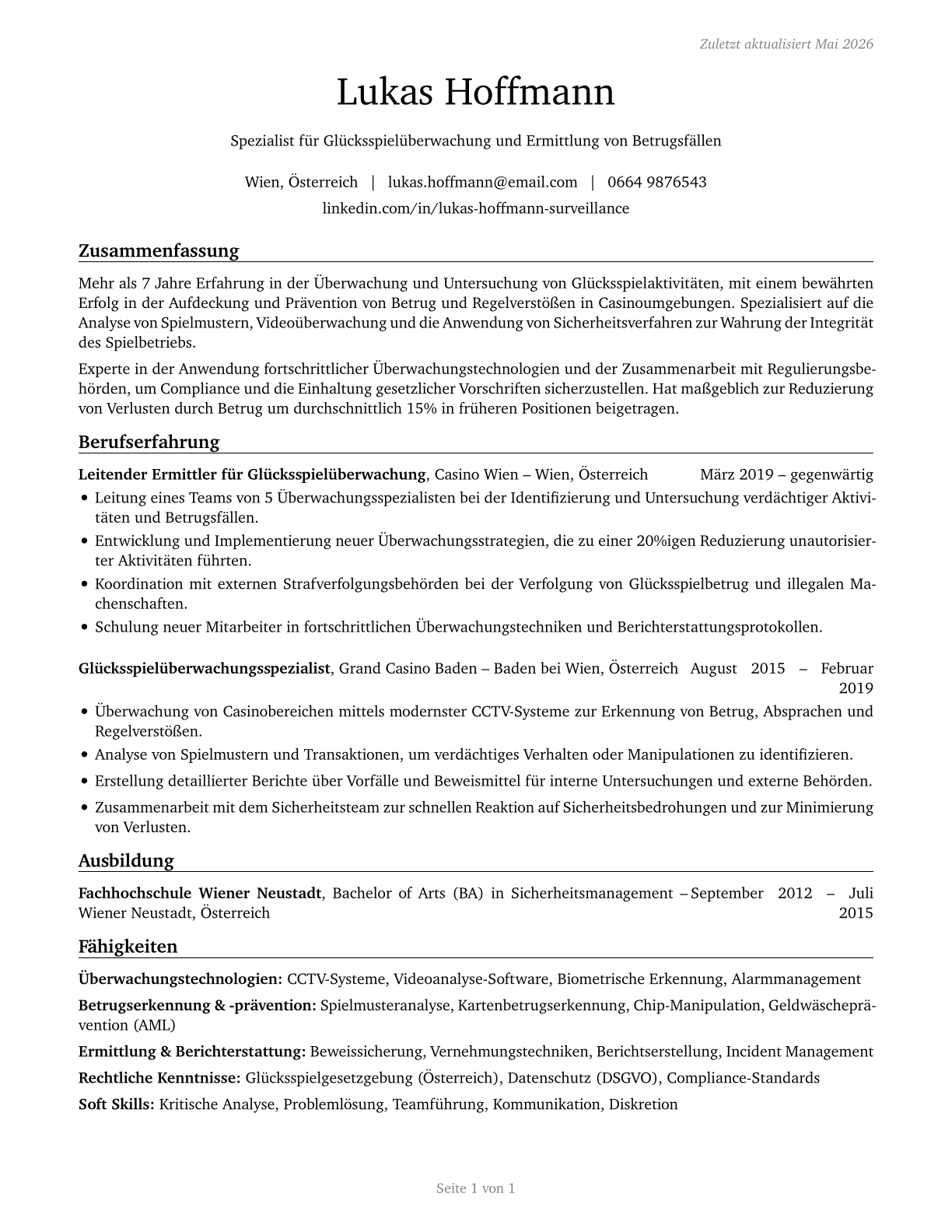 Gambling Surveillance Officers and Gambling Investigators CV in German — page 1