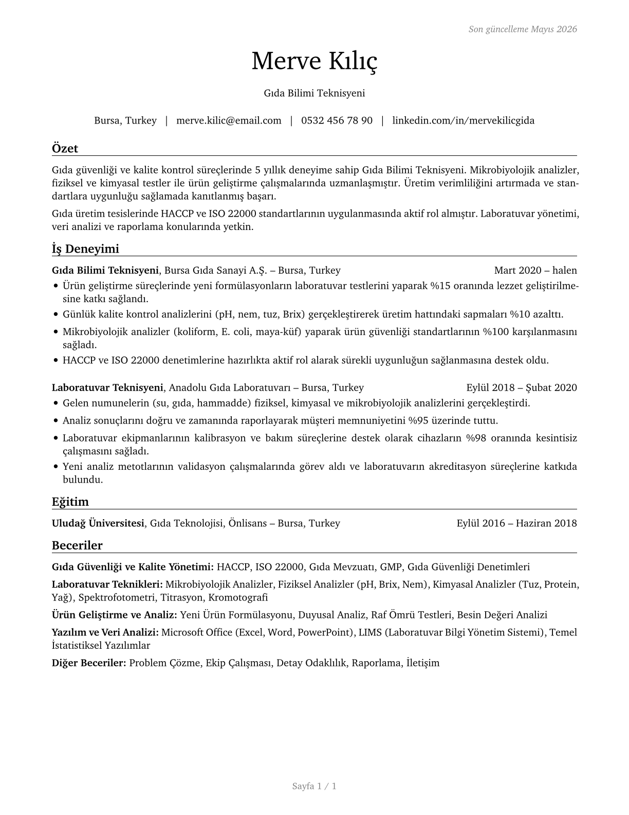 Food Science Technicians CV in Turkish — page 1