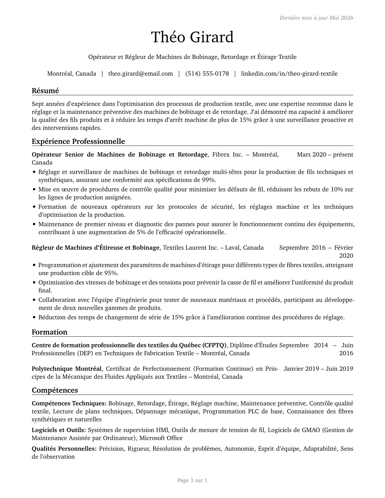 Textile Winding, Twisting, and Drawing Out Machine Setters, Operators, and Tenders CV in French — page 1