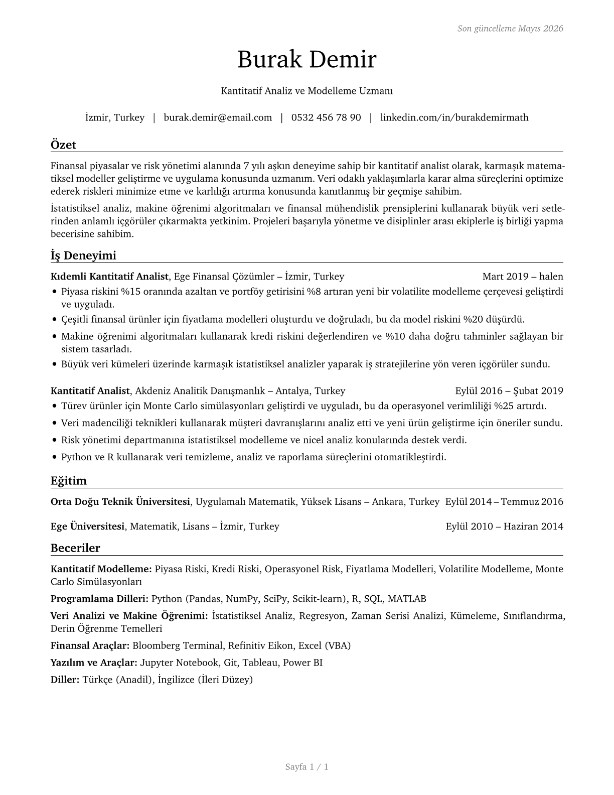 Mathematical Science Occupations, All Other CV in Turkish — page 1