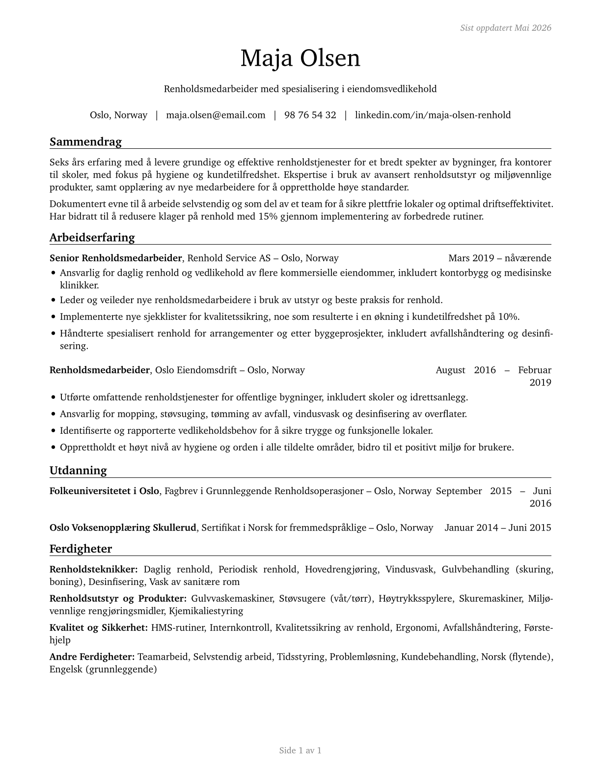Building Cleaning Workers, All Other CV in Norwegian_bokmal — page 1
