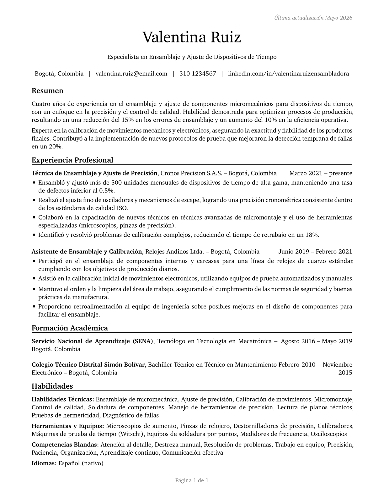 Timing Device Assemblers and Adjusters CV in Spanish — page 1