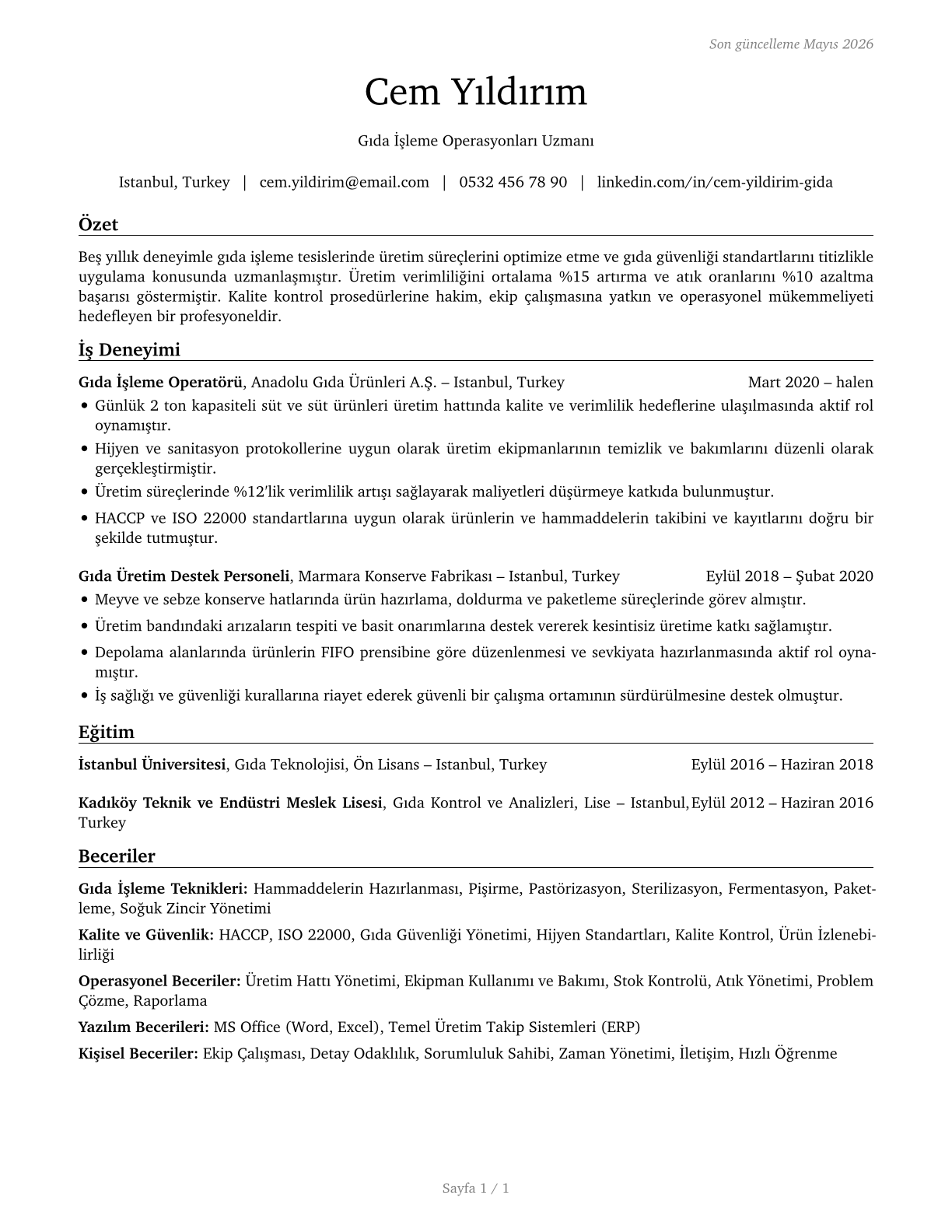 Food Processing Workers, All Other CV in Turkish — page 1