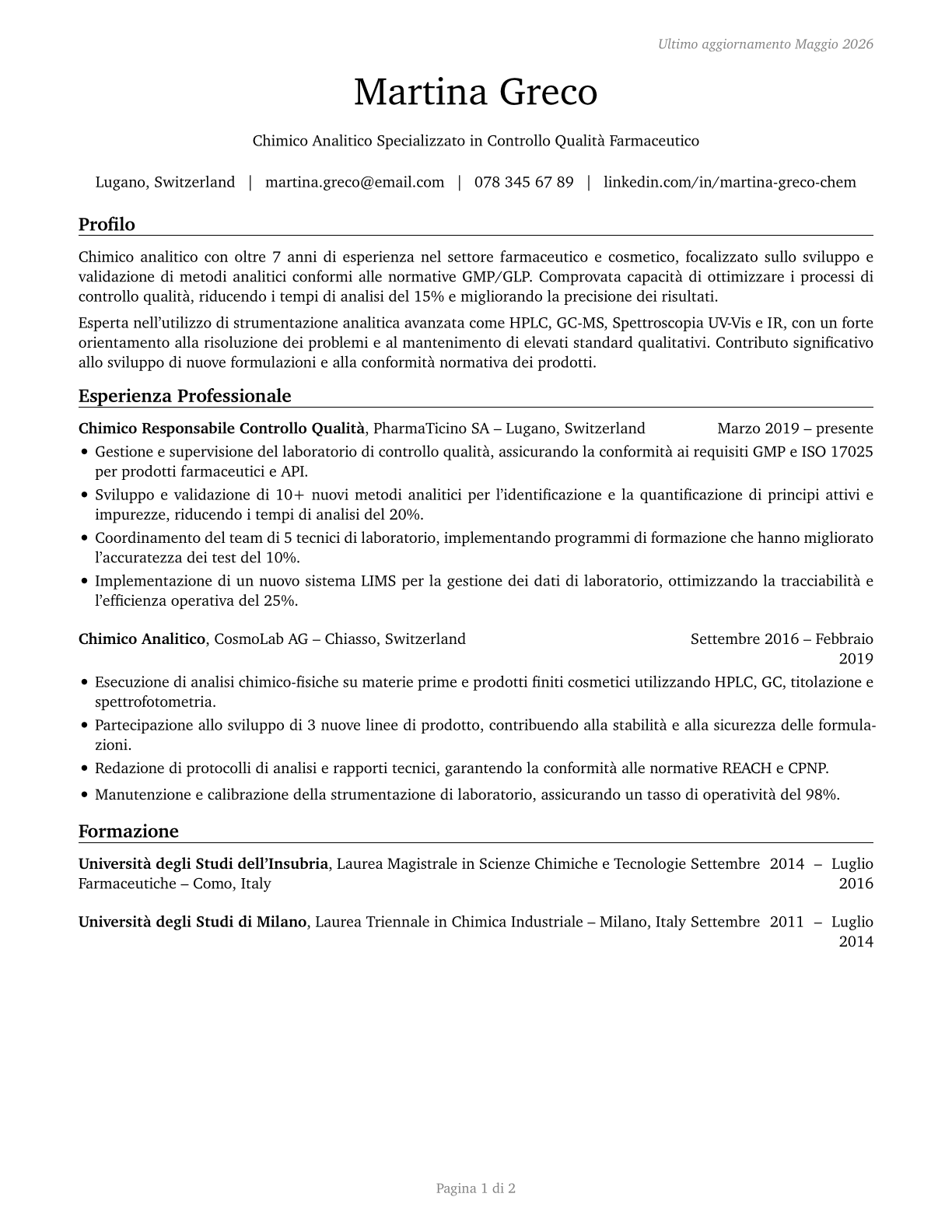 Chemists CV in Italian — page 1