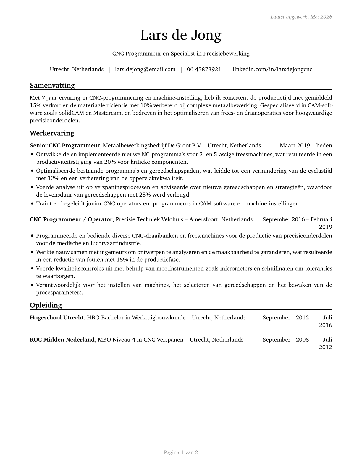 Computer Numerically Controlled Tool Programmers CV in Dutch — page 1