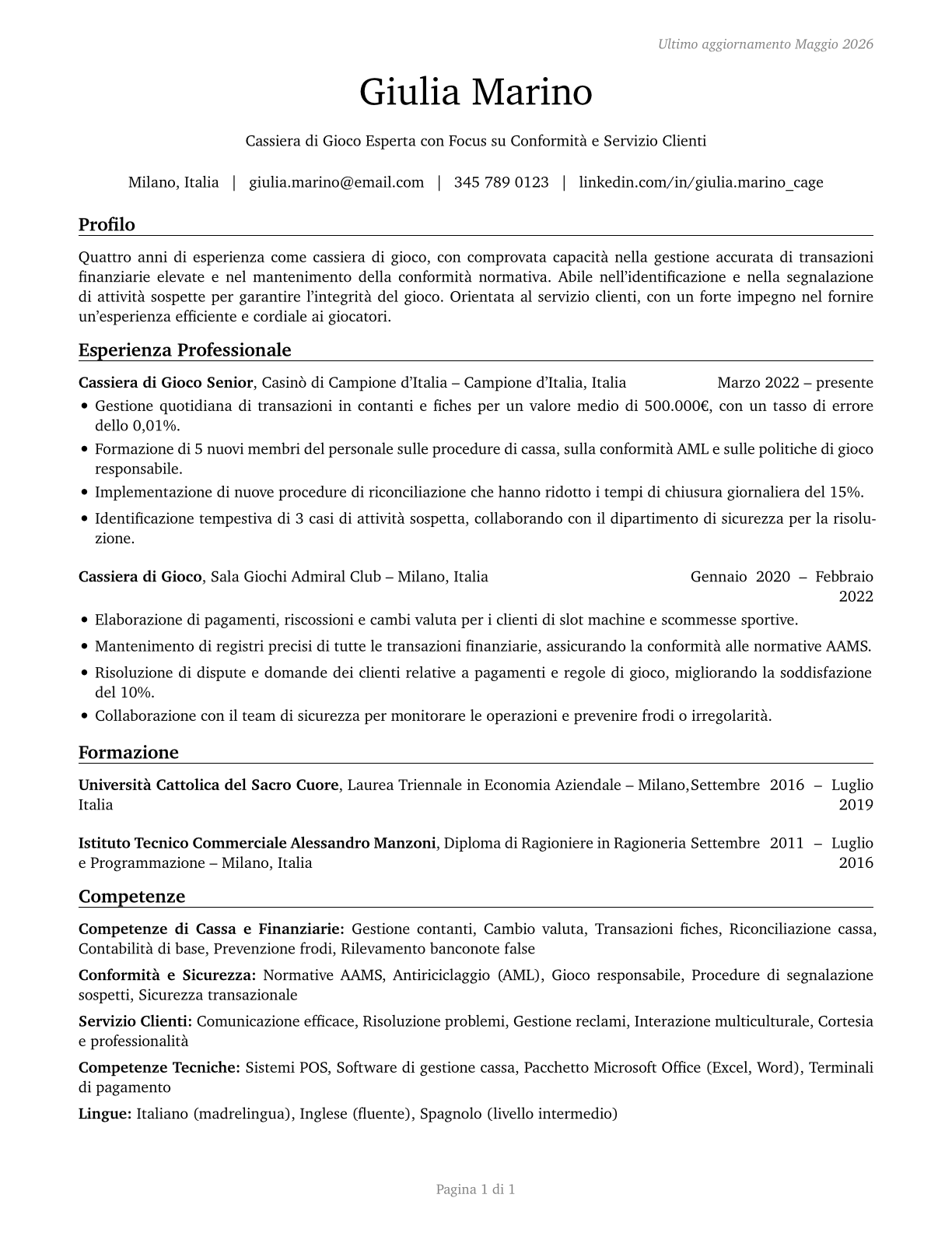 Gambling Cage Workers CV in Italian — page 1