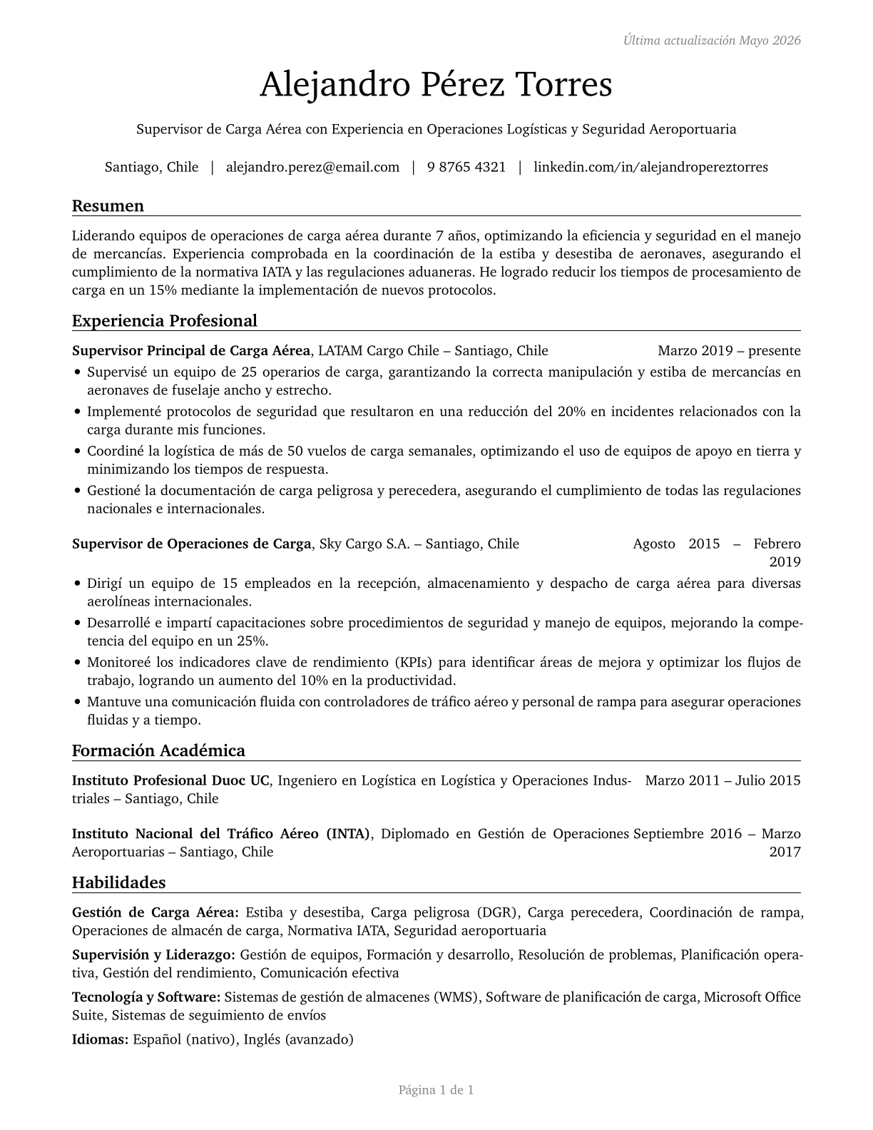 Aircraft Cargo Handling Supervisors CV in Spanish — page 1