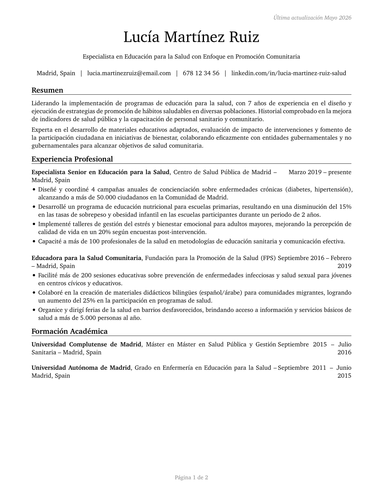 Health Education Specialists CV in Spanish — page 1