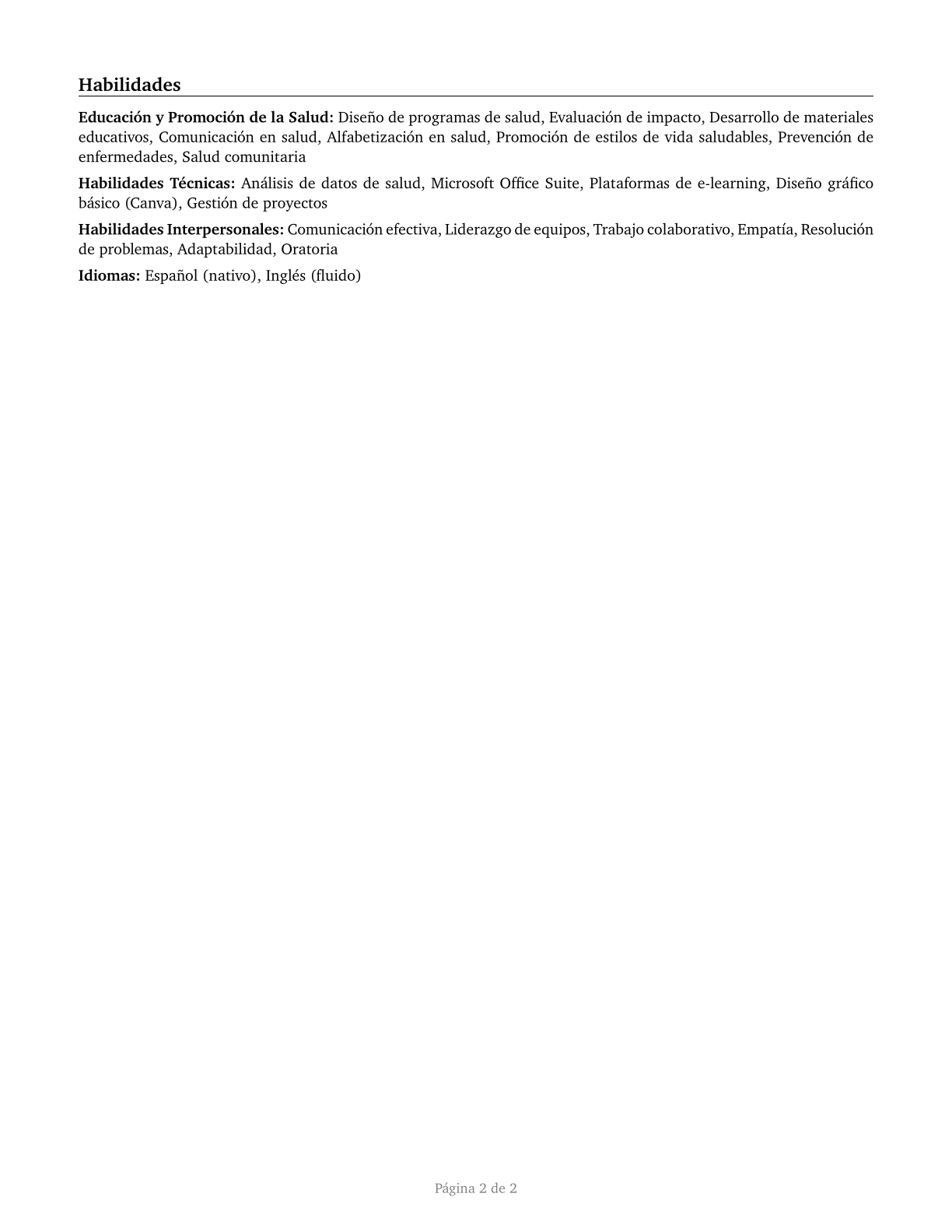 Health Education Specialists CV in Spanish — page 2