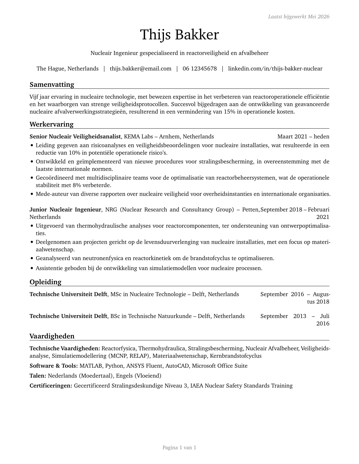 Nuclear Engineers CV in Dutch — page 1