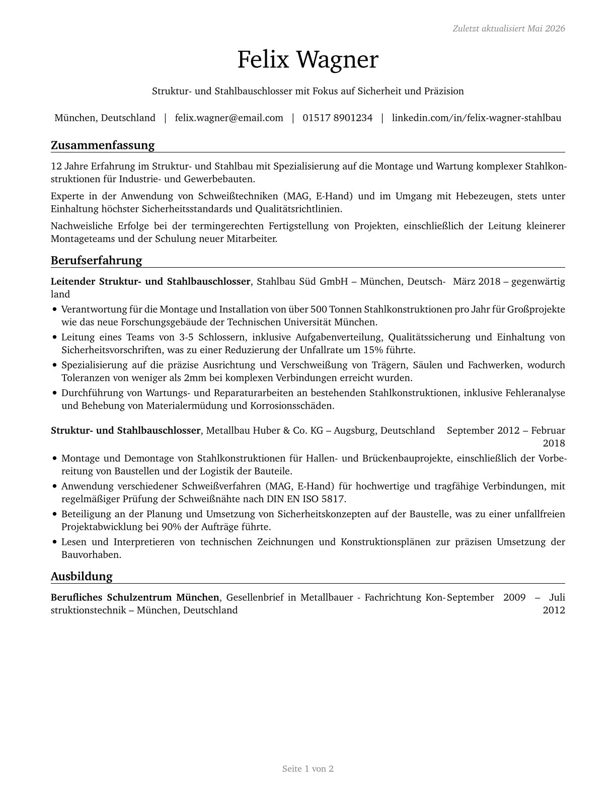Structural Iron and Steel Workers CV in German — page 1
