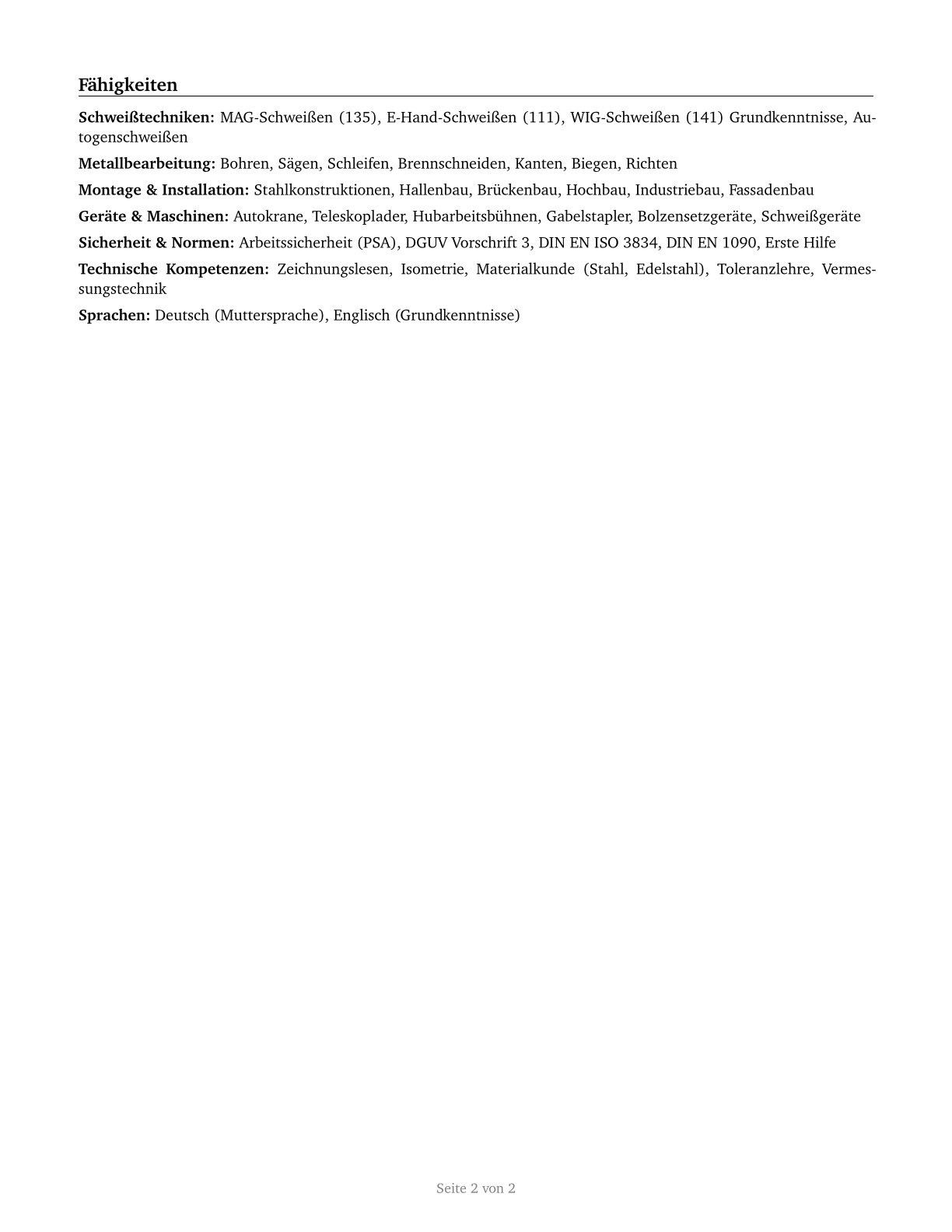 Structural Iron and Steel Workers CV in German — page 2