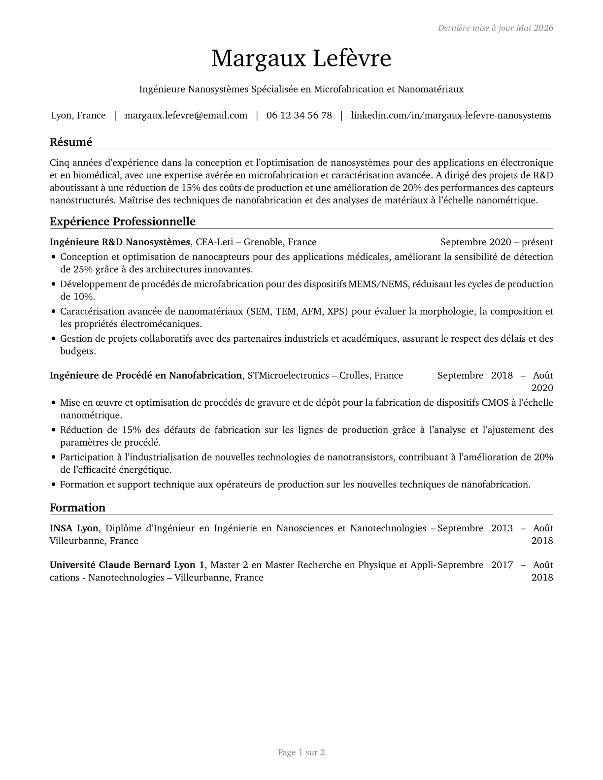 Nanosystems Engineers CV in French — page 1