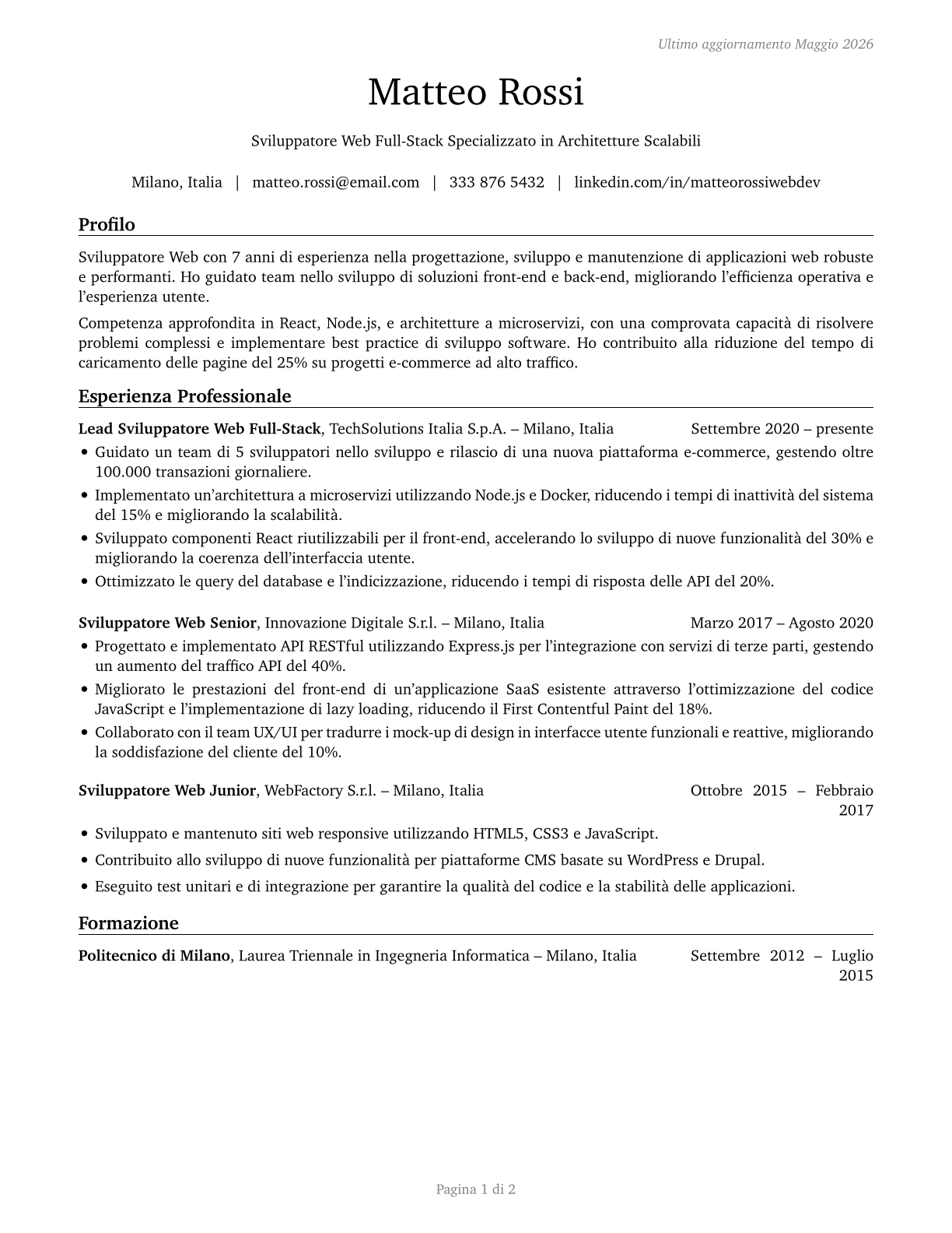 Web Developers CV in Italian — page 1