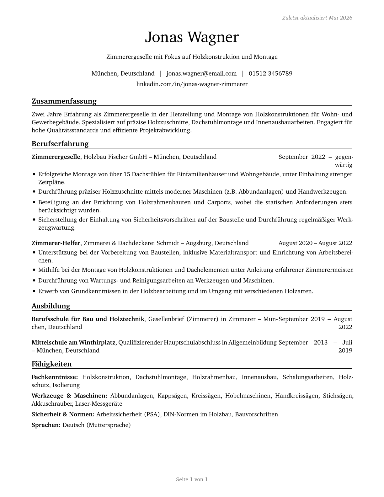 Helpers--Carpenters CV in German — page 1