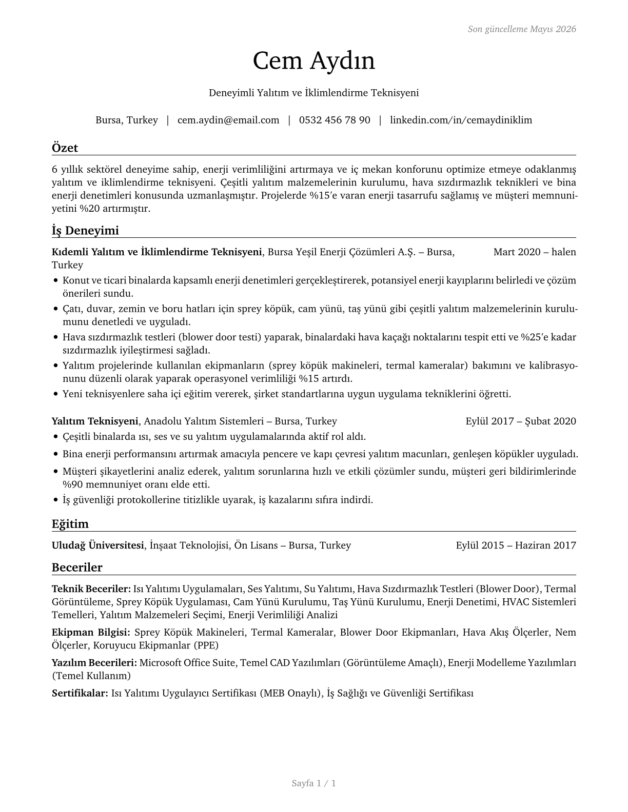 Weatherization Installers and Technicians CV in Turkish — page 1