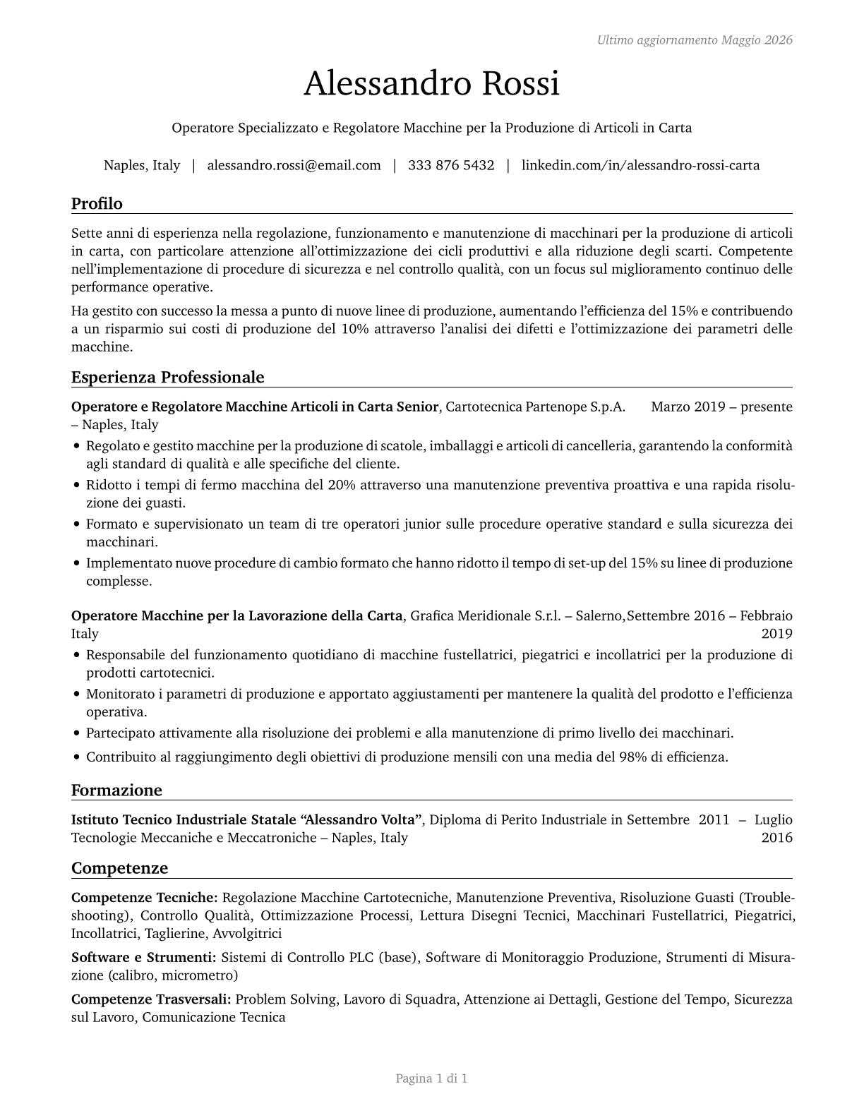 Paper Goods Machine Setters, Operators, and Tenders CV in Italian — page 1