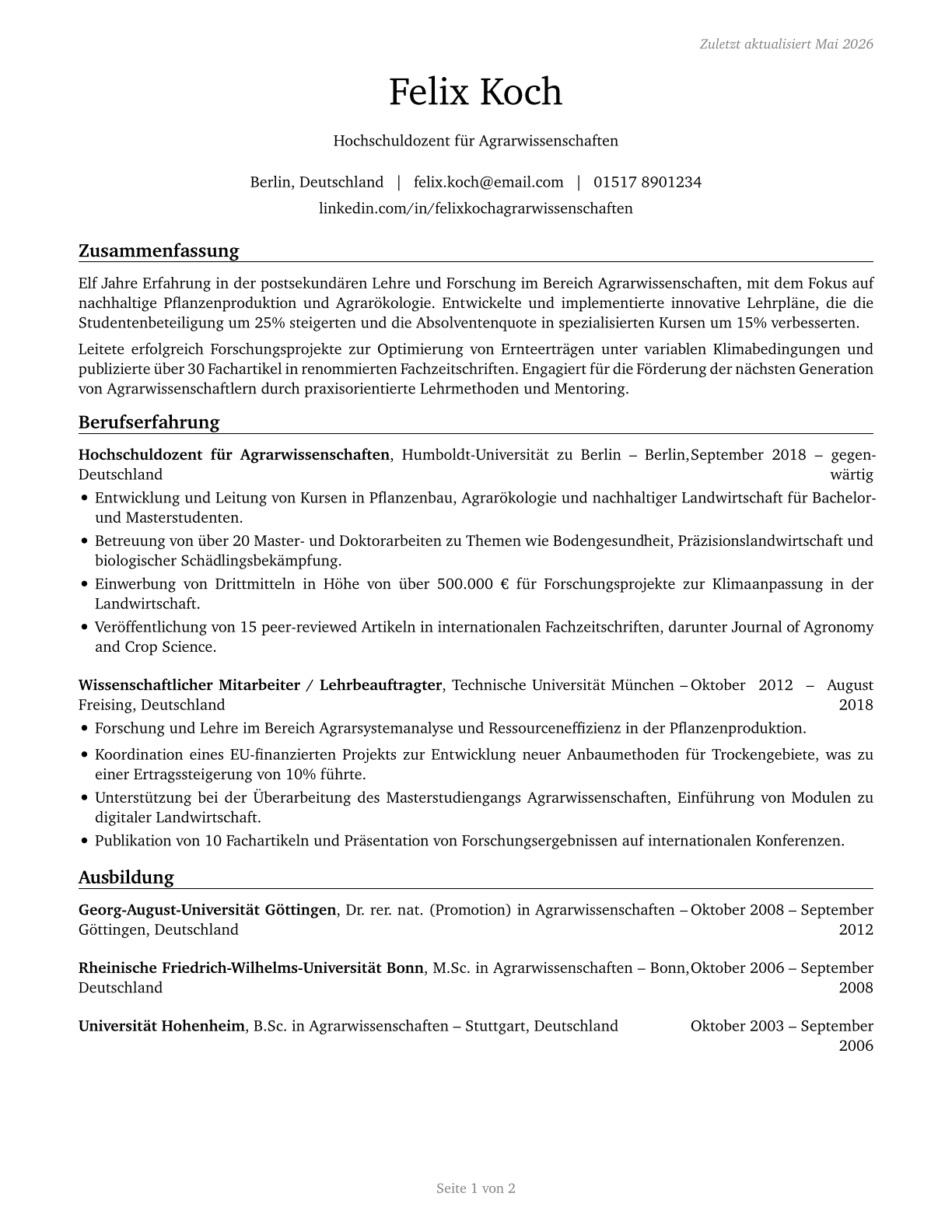 Agricultural Sciences Teachers, Postsecondary CV in German — page 1
