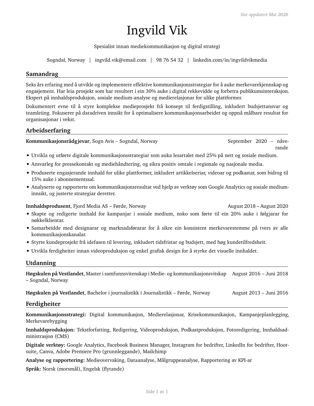 Media and Communication Workers, All Other CV in Norwegian_nynorsk — page 1