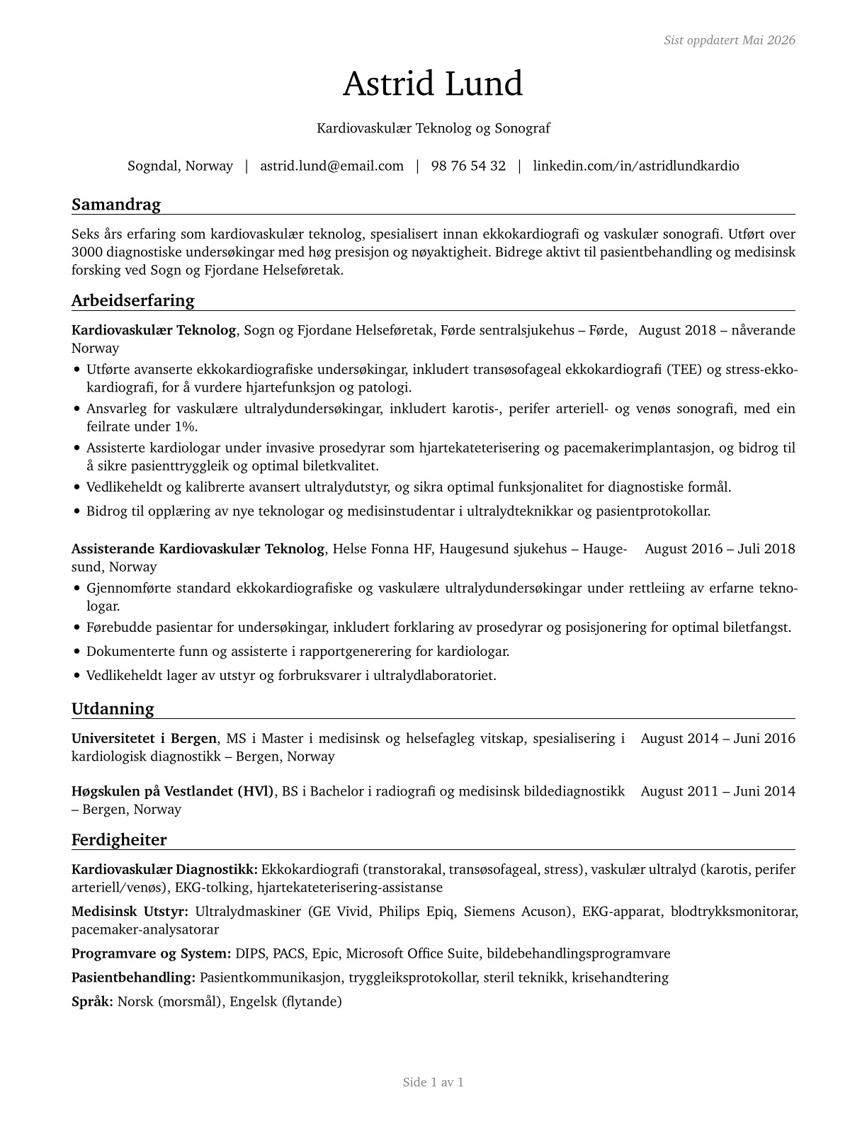 Cardiovascular Technologists and Technicians CV in Norwegian_nynorsk — page 1