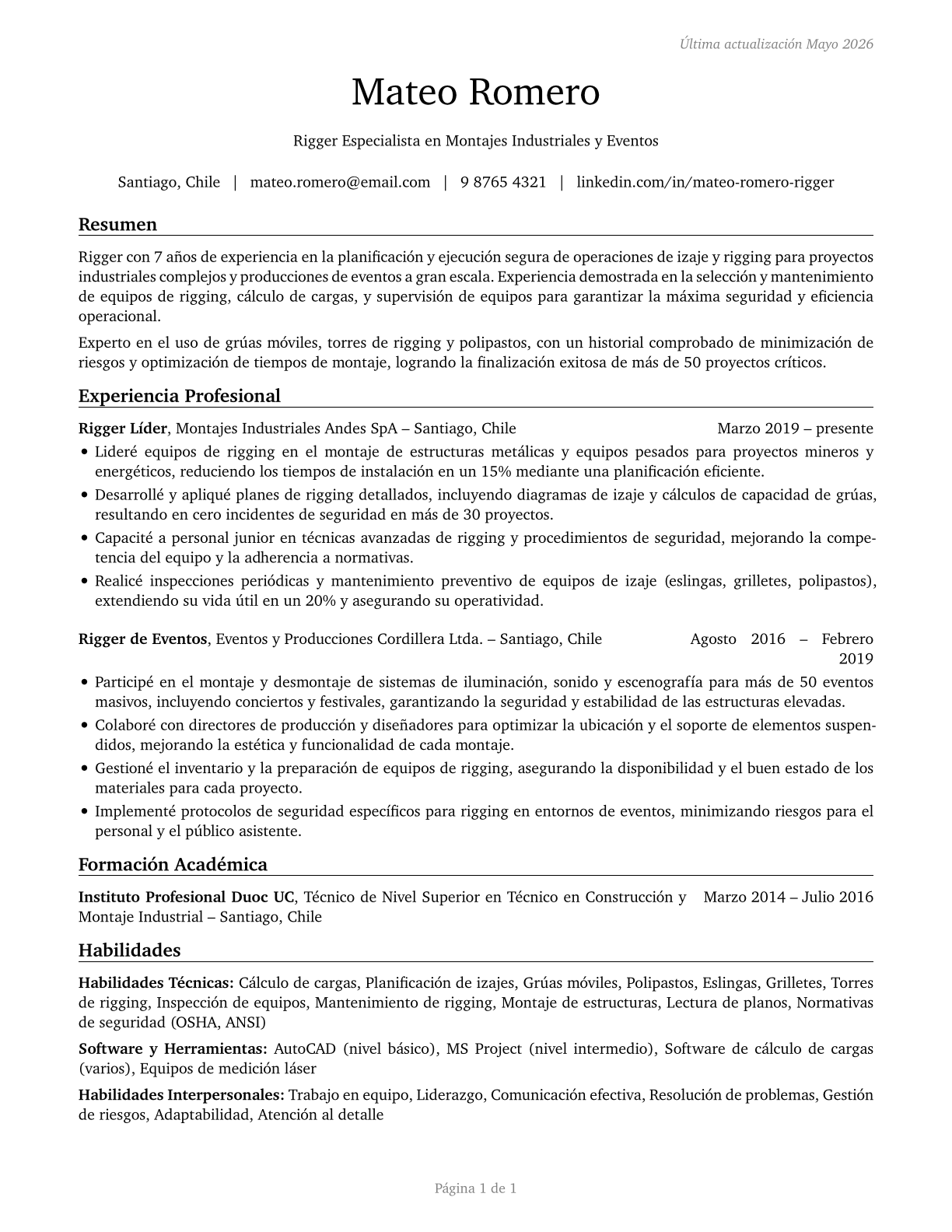 Riggers CV in Spanish — page 1