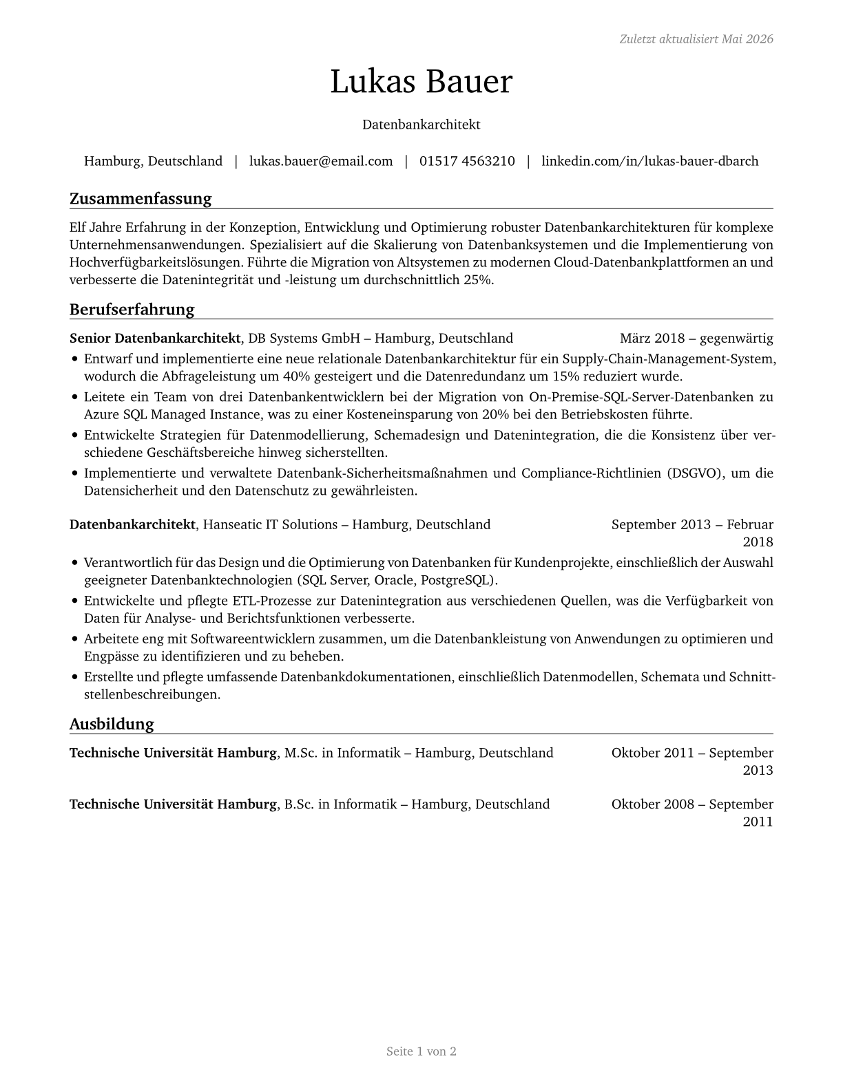Database Architects CV in German — page 1