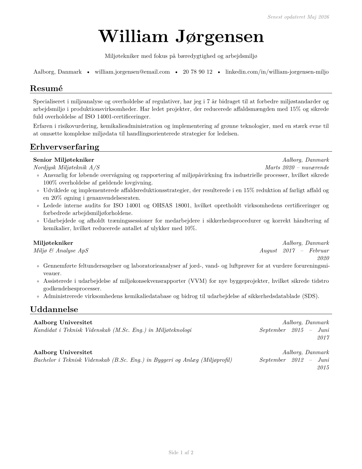 Environmental Science and Protection Technicians, Including Health CV in Danish — page 1
