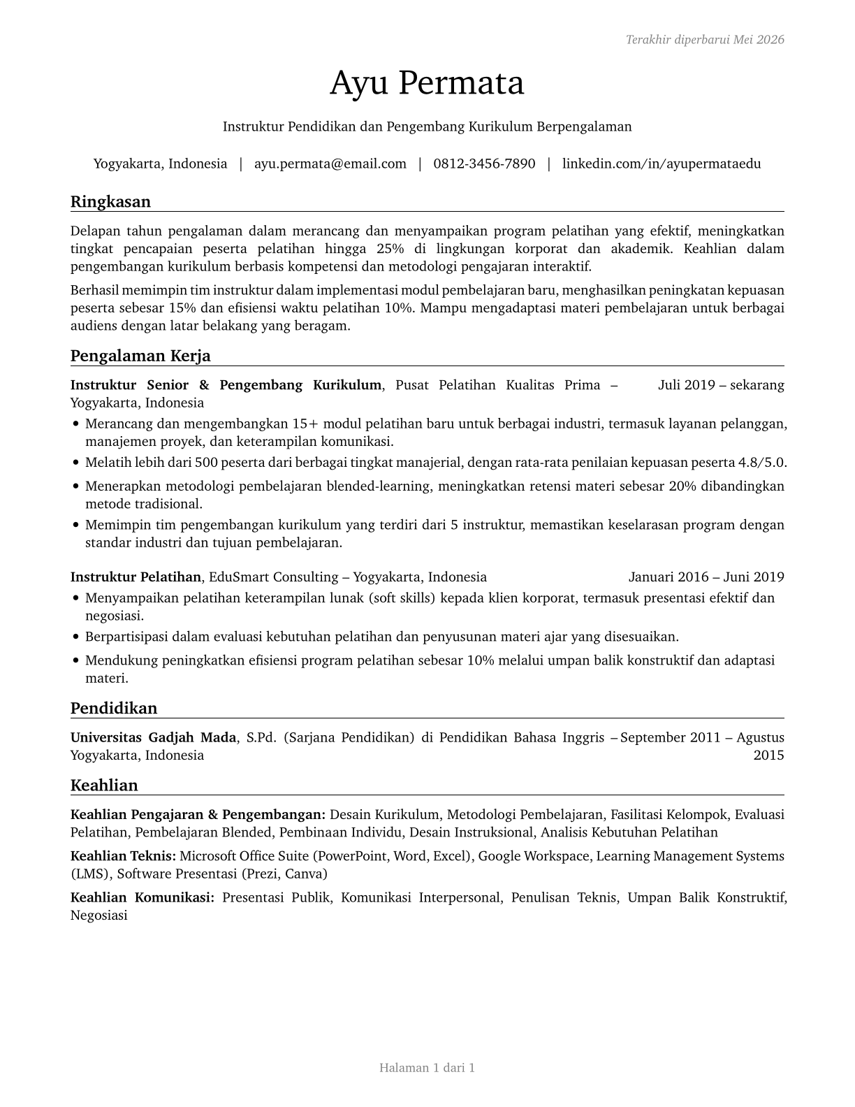 Teachers and Instructors, All Other CV in Indonesian — page 1