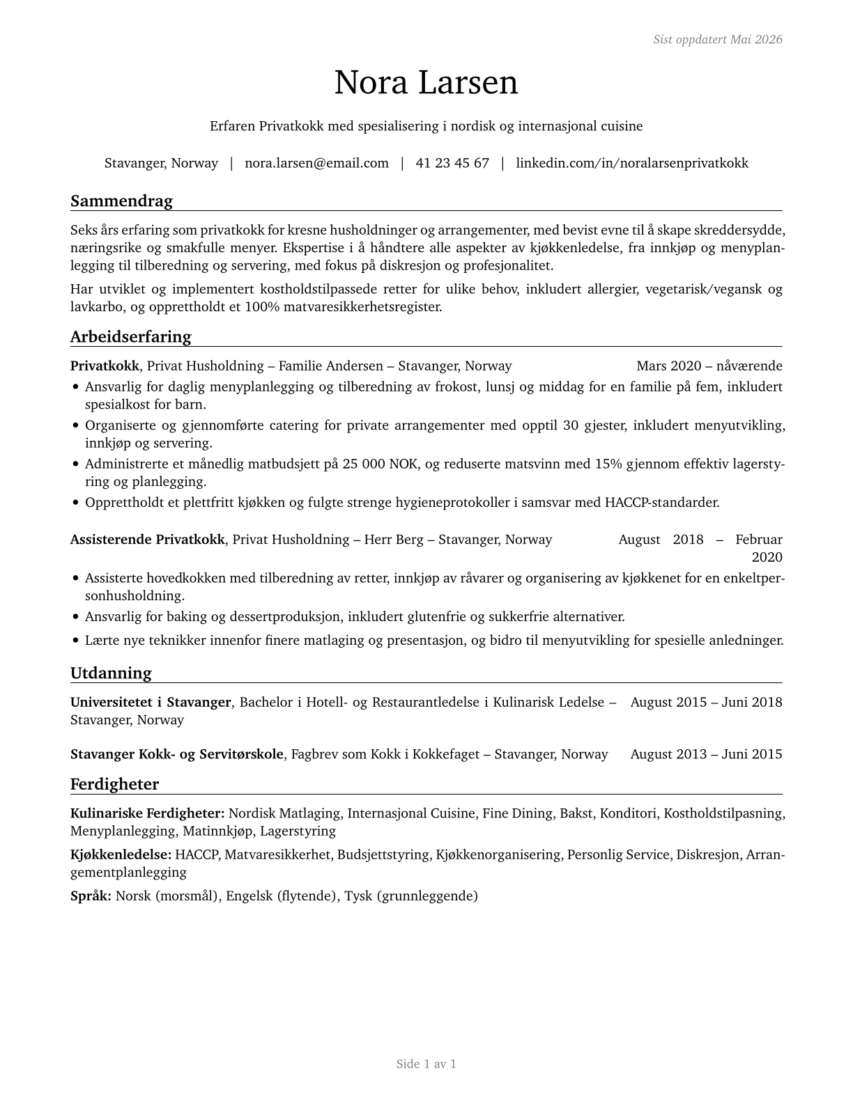 Cooks, Private Household CV in Norwegian_bokmal — page 1