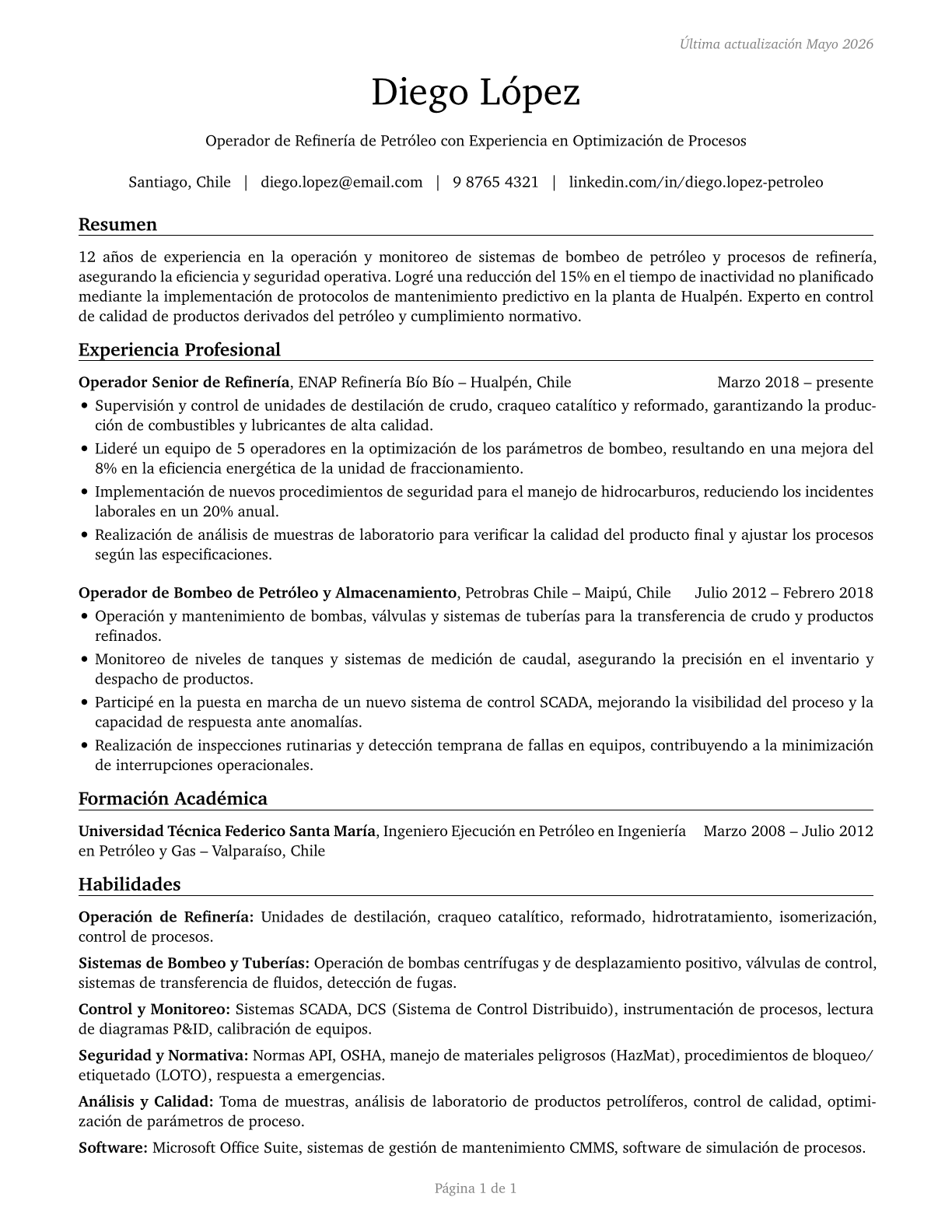 Petroleum Pump System Operators, Refinery Operators, and Gaugers CV in Spanish — page 1