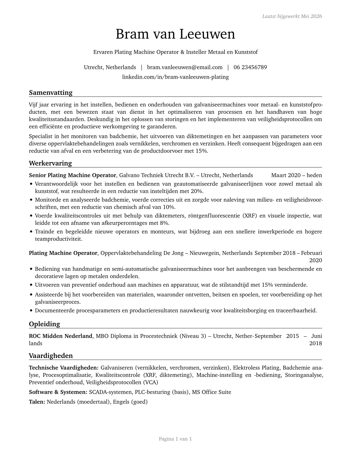 Plating Machine Setters, Operators, and Tenders, Metal and Plastic CV in Dutch — page 1