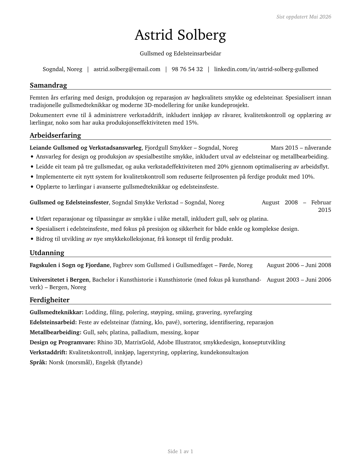 Jewelers and Precious Stone and Metal Workers CV in Norwegian_nynorsk — page 1