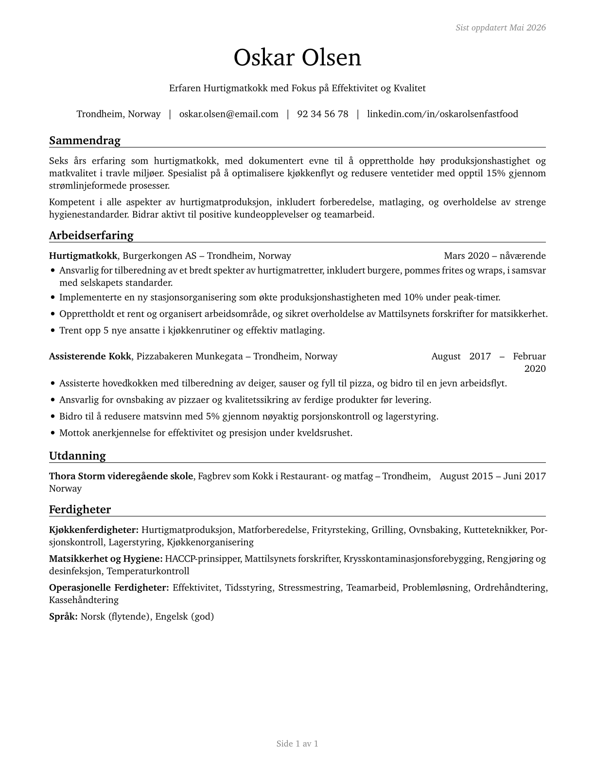 Cooks, Fast Food CV in Norwegian_bokmal — page 1