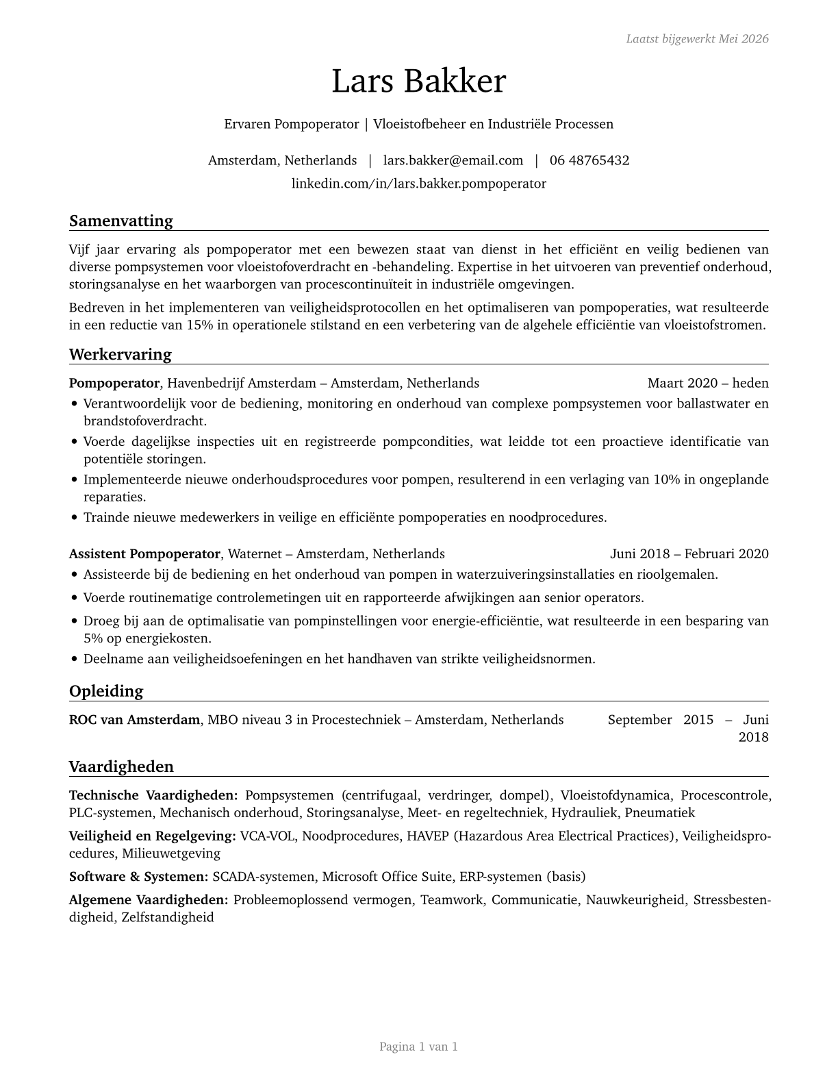 Pump Operators, Except Wellhead Pumpers CV in Dutch — page 1