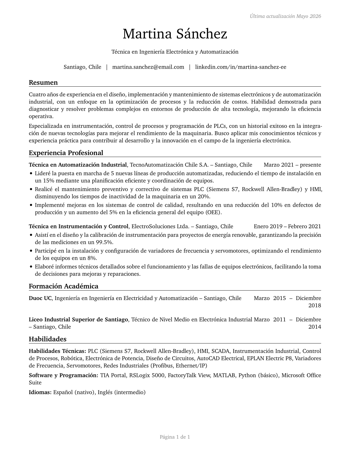 Electrical and Electronic Engineering Technologists and Technicians CV in Spanish — page 1