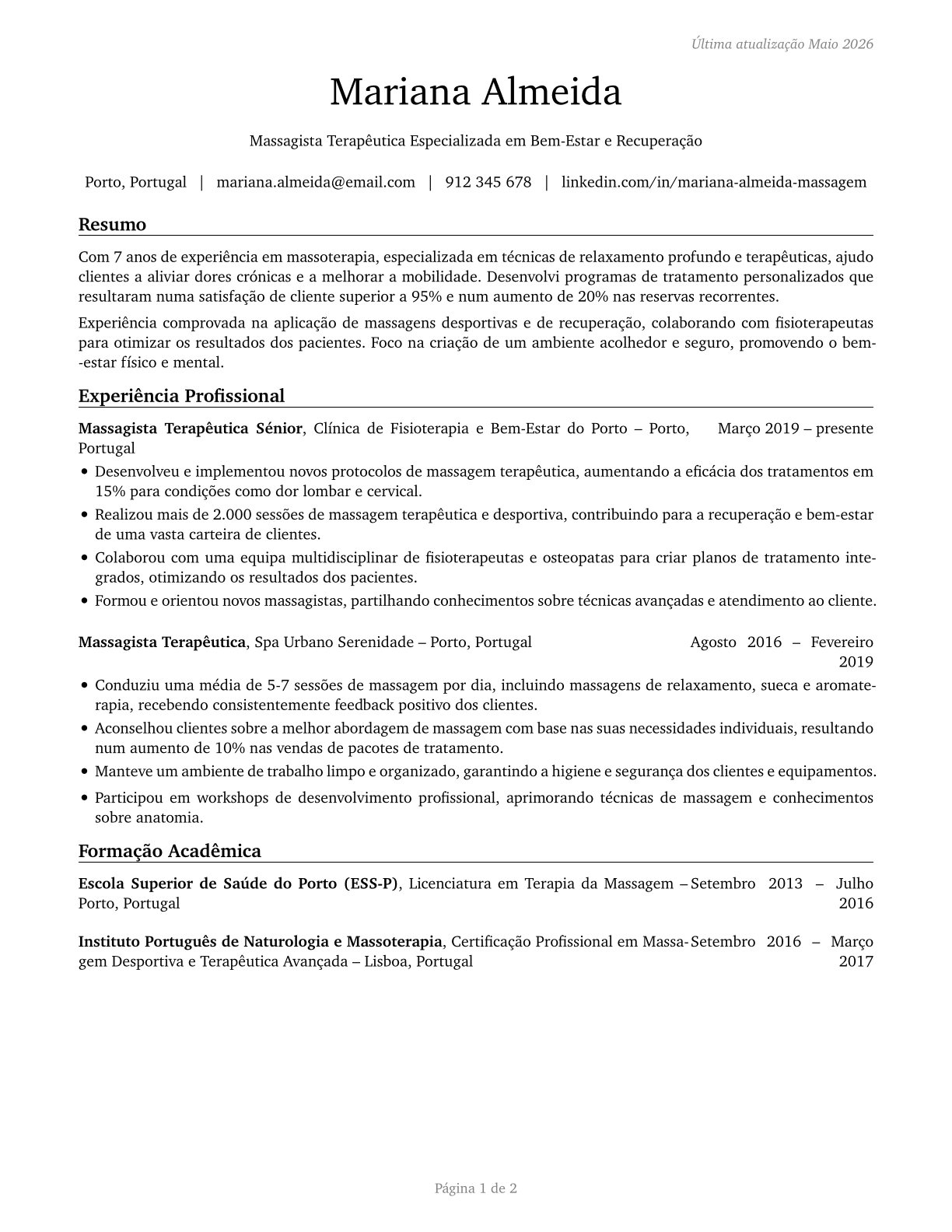Massage Therapists CV in Portuguese — page 1