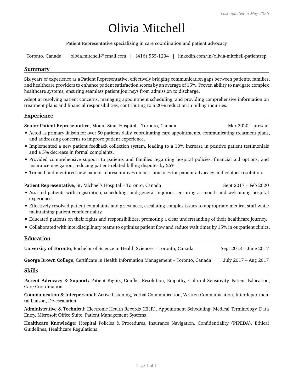 Patient Representatives CV in English — page 1