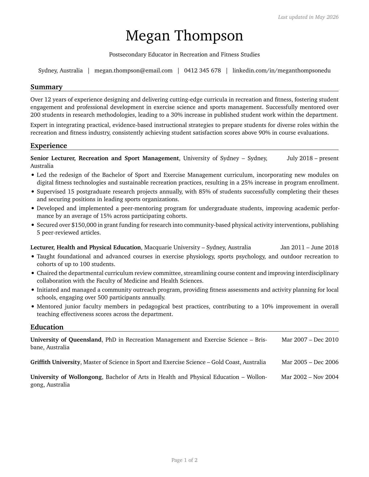 Recreation and Fitness Studies Teachers, Postsecondary CV in English — page 1