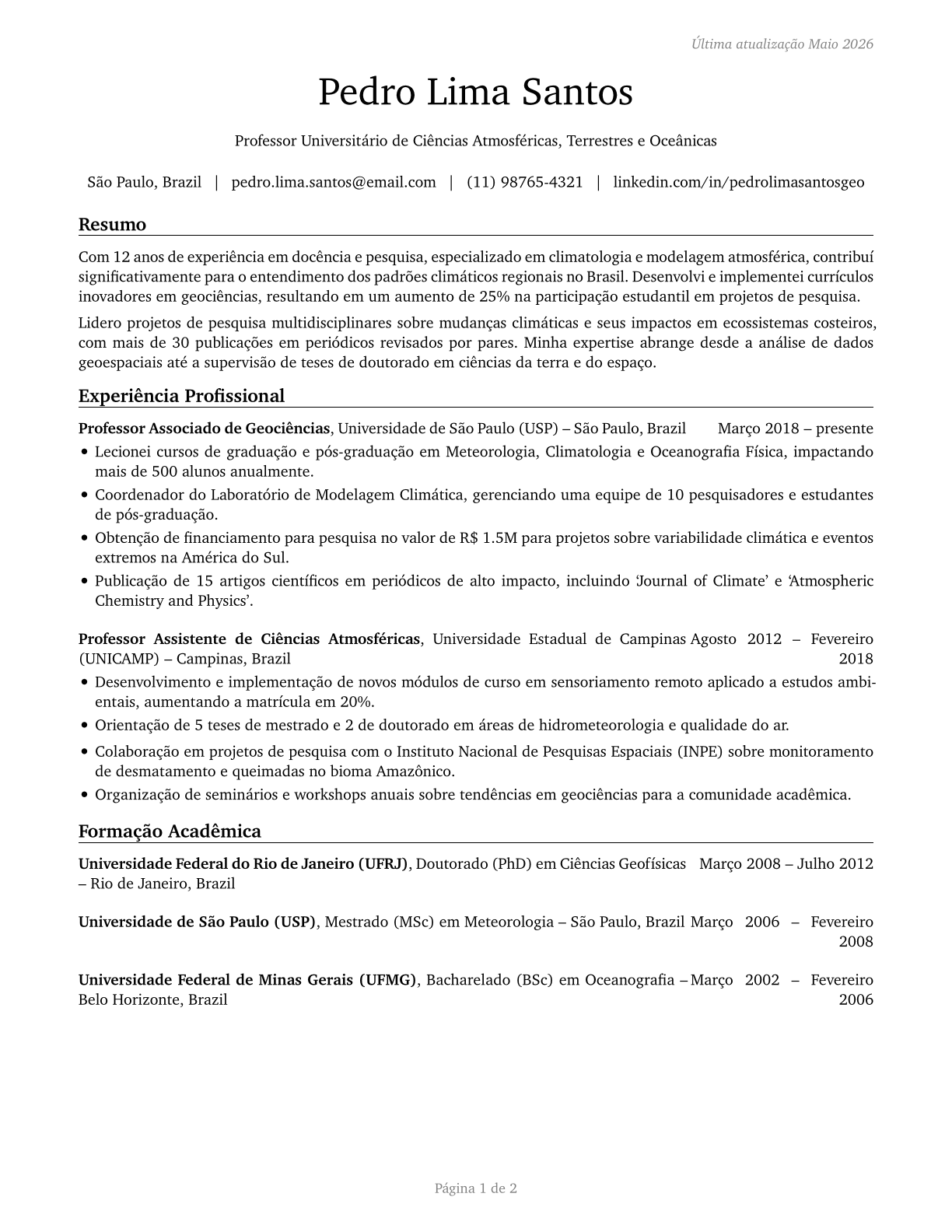 Atmospheric, Earth, Marine, and Space Sciences Teachers, Postsecondary CV in Portuguese — page 1