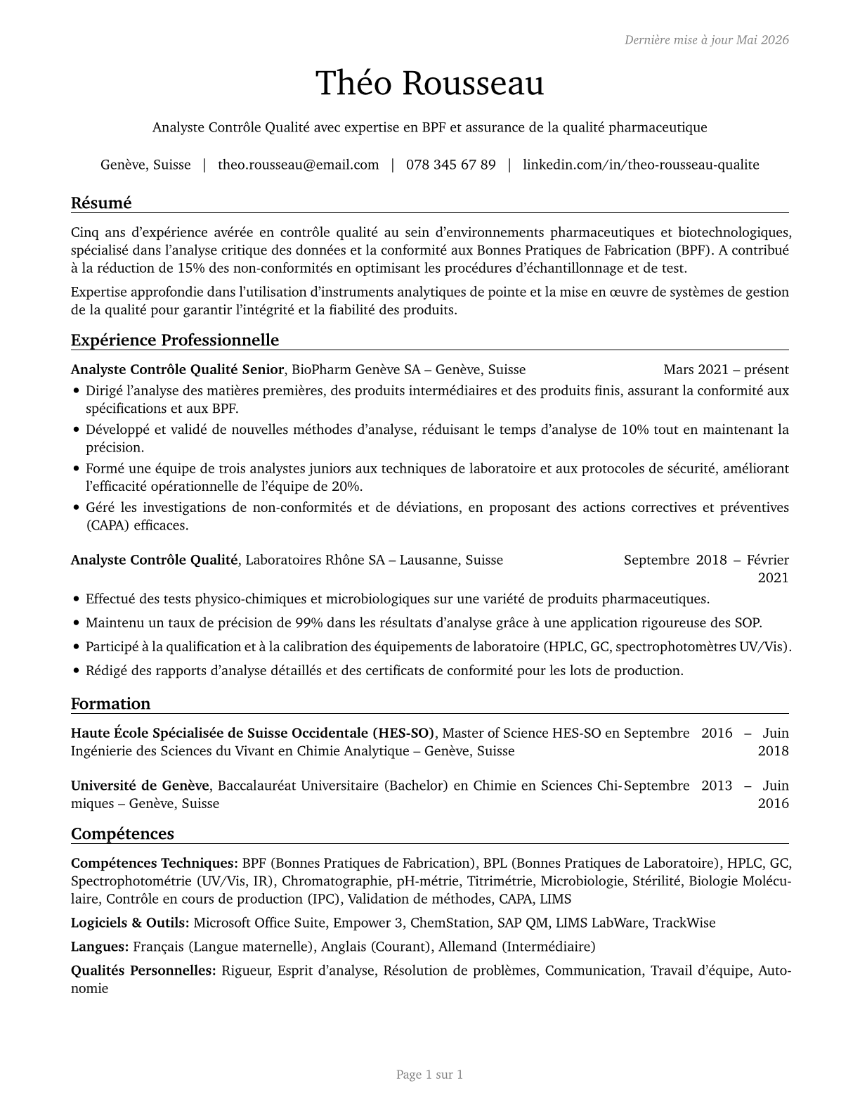 Quality Control Analysts CV in French — page 1