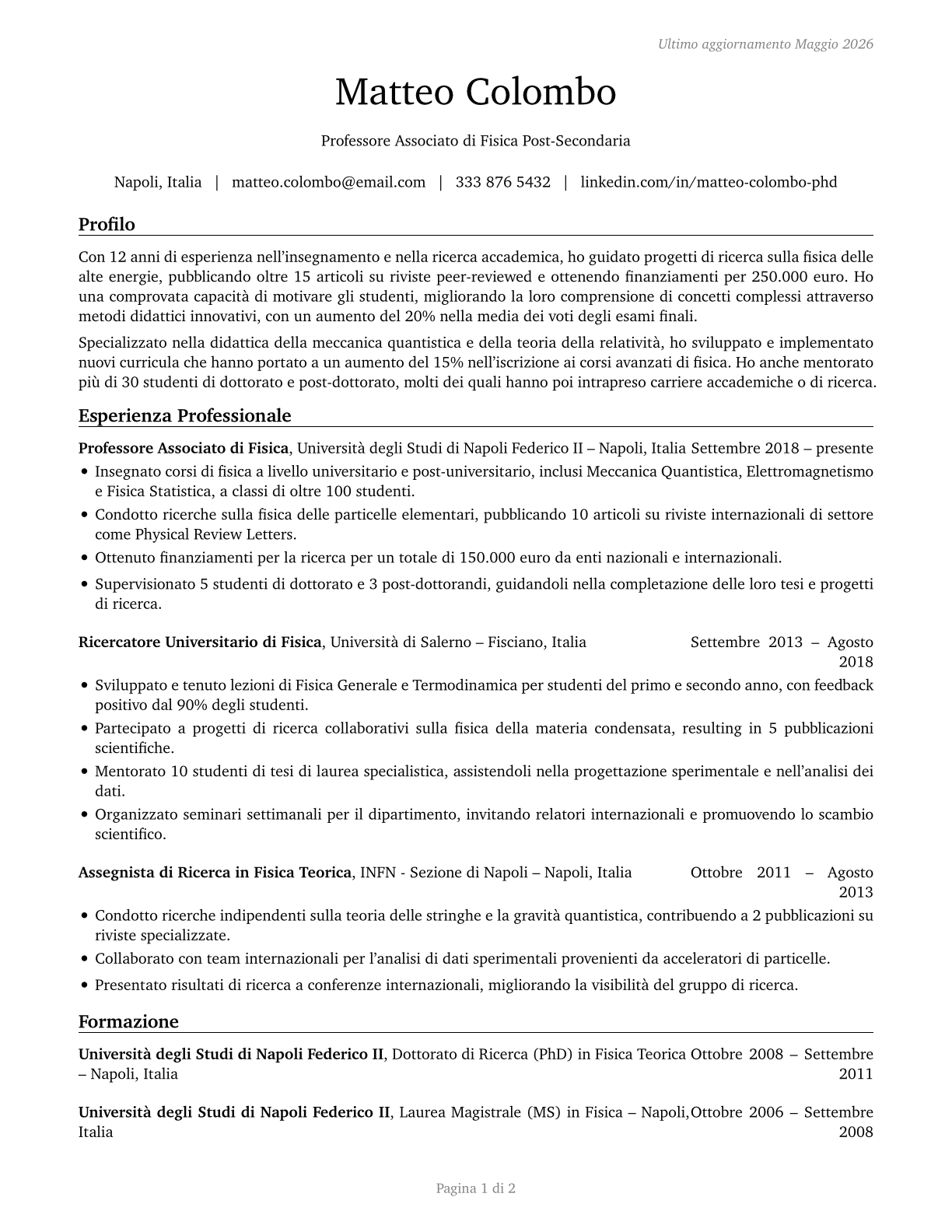 Physics Teachers, Postsecondary CV in Italian — page 1