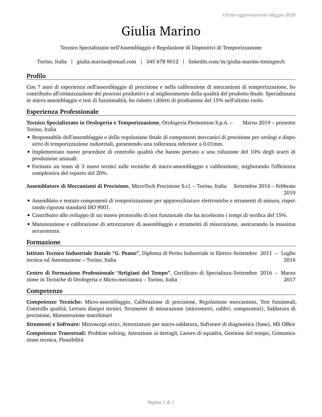 Timing Device Assemblers and Adjusters CV in Italian — page 1