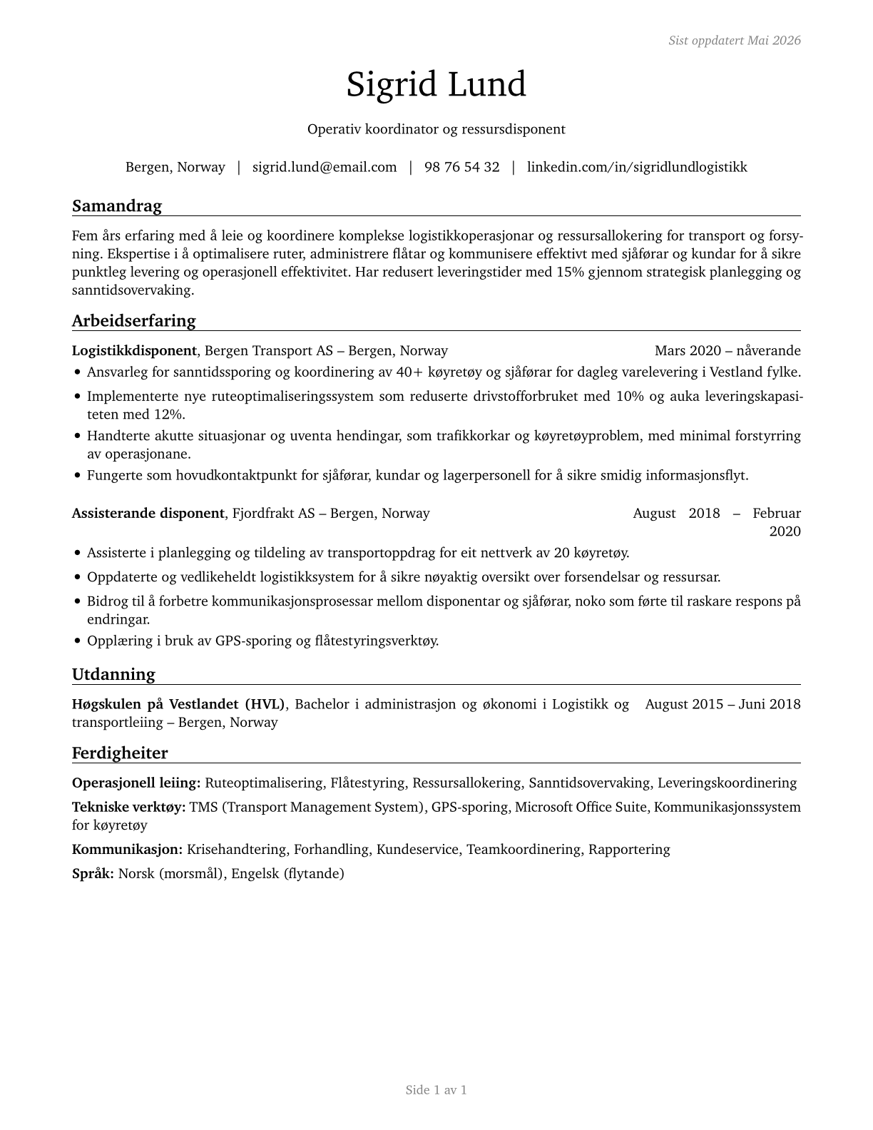 Dispatchers, Except Police, Fire, and Ambulance CV in Norwegian_nynorsk — page 1